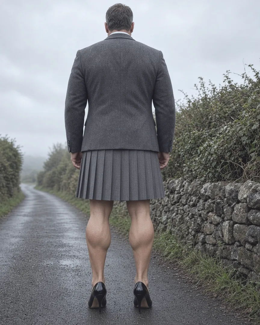Illustration: a broad-shouldered man from behind on a wet country lane, in a grey jacket, grey pleated skirt and black heels, hedges and a stone wall either side
