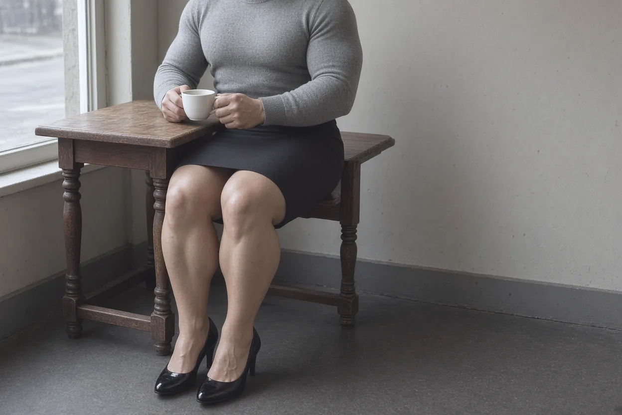 Illustration: a muscular man seated at a cafe table by a window, cropped below the chin, in a grey roll-neck, a dark pencil skirt and black heels, holding a cup